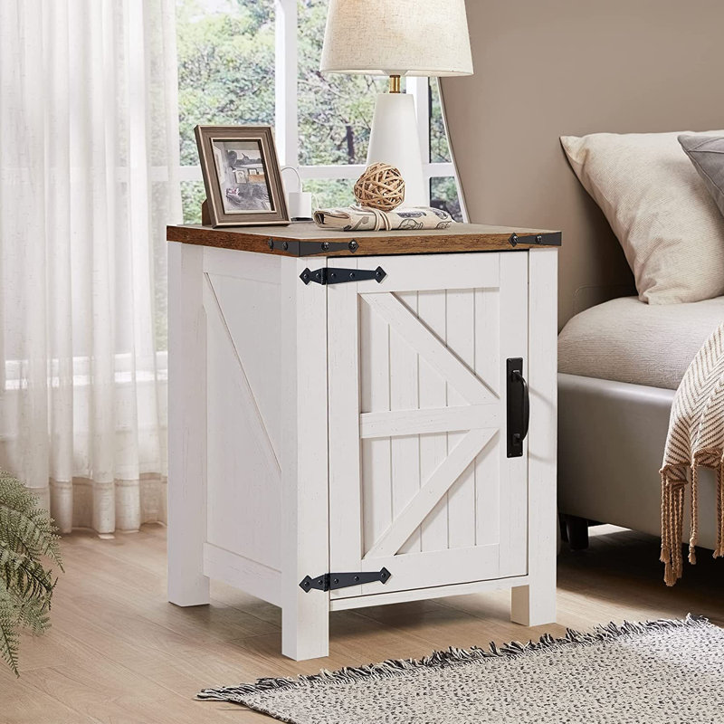 Clairese 24'' Tall  Farmhouse End Table With Charging Station, Wood Nightstand With Adjustable Shelf, Built-In Outlets