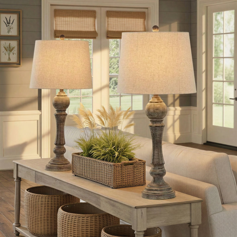 Fianna 32" Polyresin Table Lamps, Gray/Natural Linen