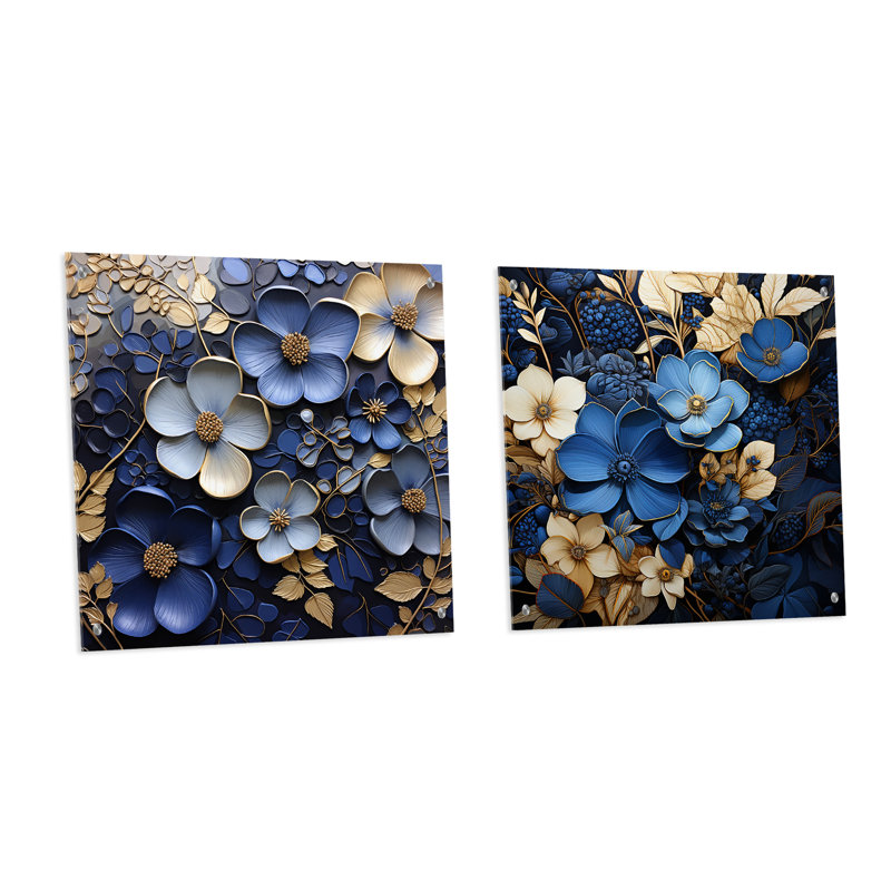 Ensemble de 2 décorations murales en acrylique bleu et doré, H 16 po x l 33 po