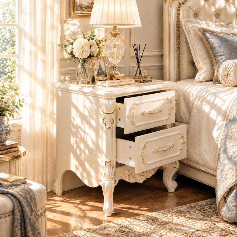 18.9" W French-Inspired Nightstand with 2 Drawers, Gold Floral Accents and Cabriole Legs