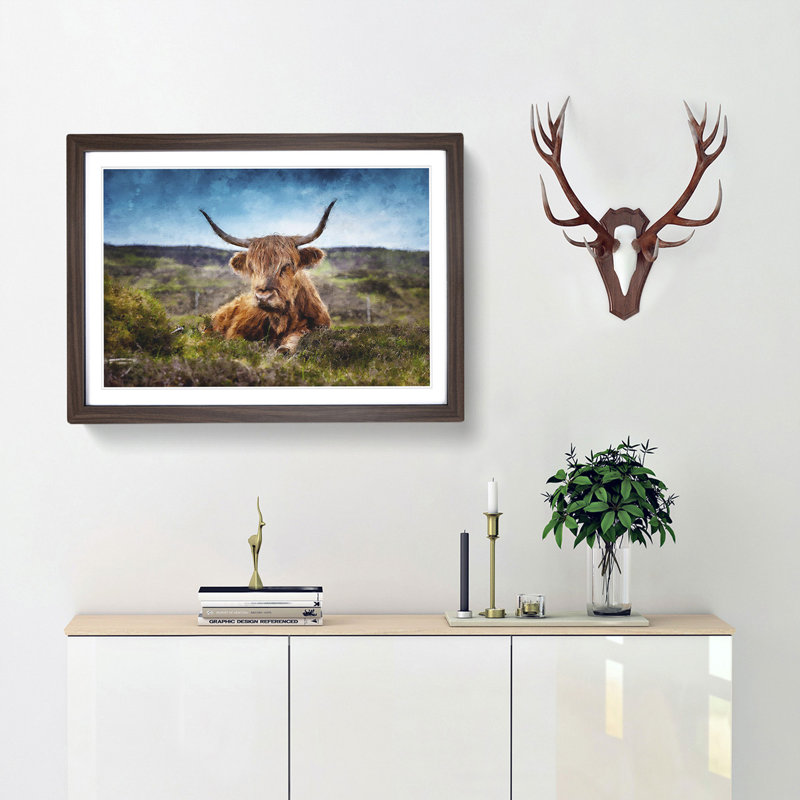 A Resting Highland Cow - Single Picture Frame Painting on MDF, Walnut, 33cm H x 45cm W x 2cm D