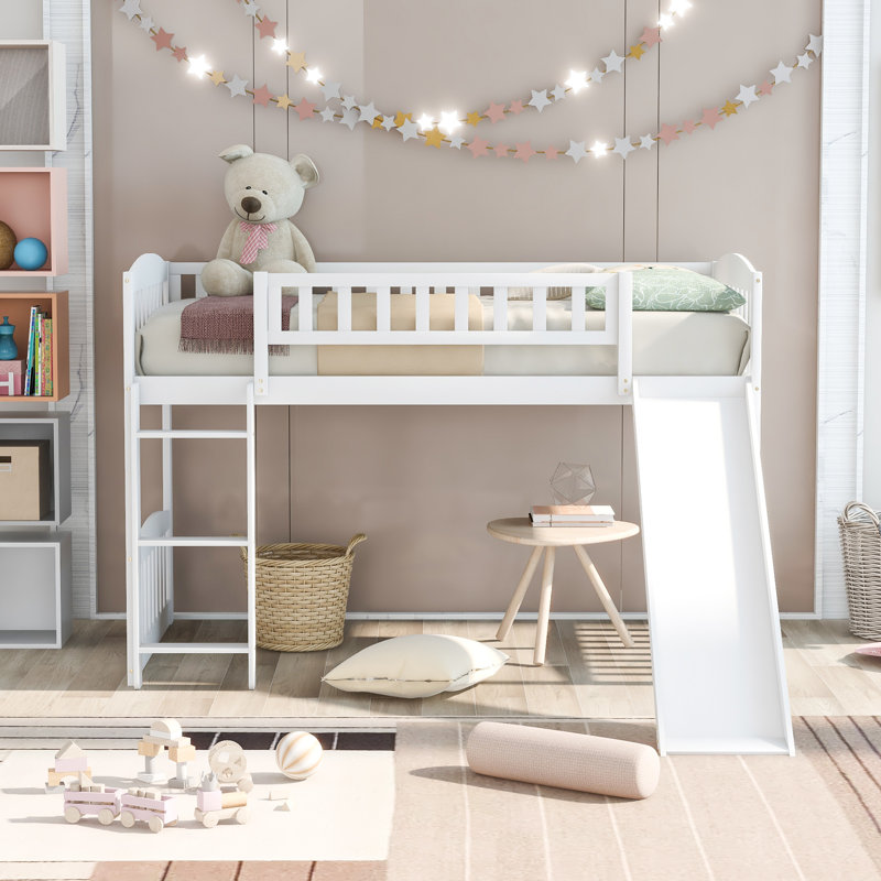 Twin Low Loft Bed with Slide, White