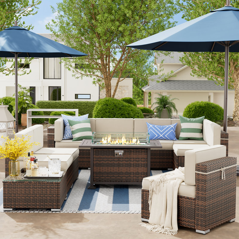 Angeli 8 Person Rattan Seating Group with Fire Pit Table, Coffee Table, Cream