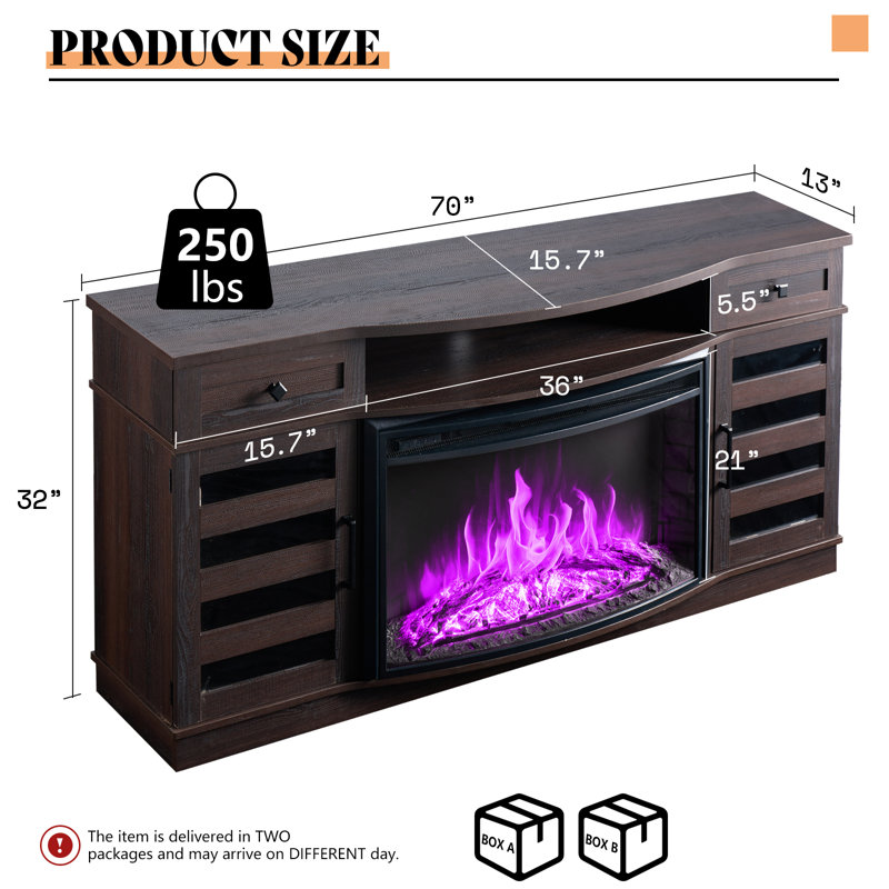  Armoney 70" Farmhouse Curved Fireplace TV Stand With 36'' Electric Fireplace/Led Light/Glass Door & Adjustable Shelves, Brown