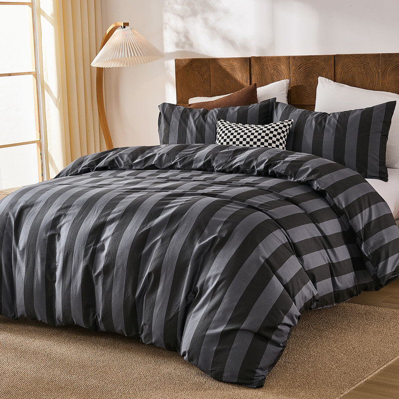Ensemble d'édredon rayé noir et gris très grand - ensemble de literie 100% coton, ensemble d'édredon 3 pièces en lin de luxe pour toutes les saisons