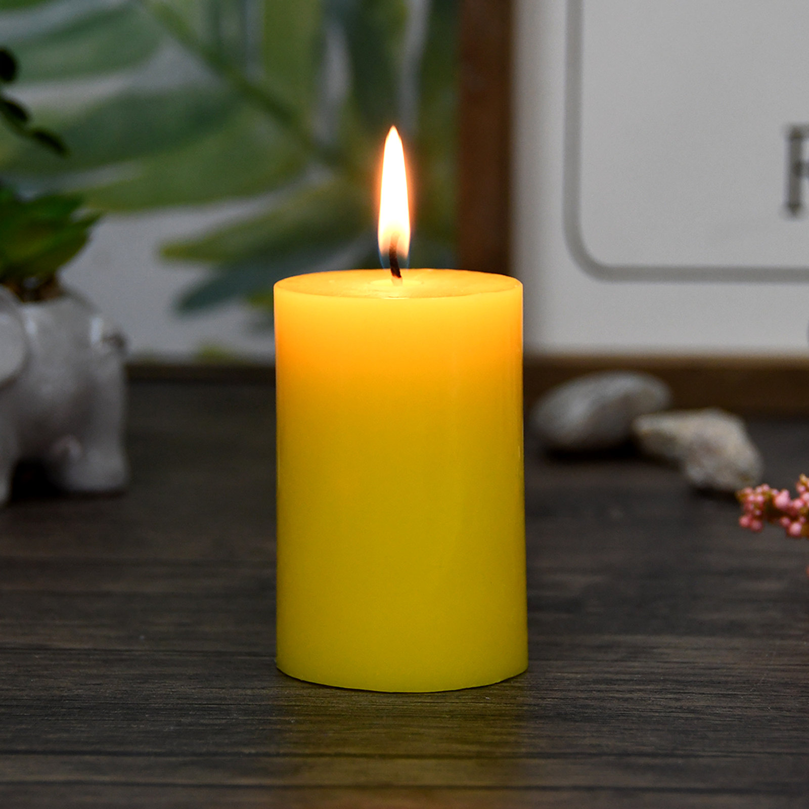 Oliva Unscented Pillar Candle, 1, 3" H x 2" W x 2" D, Yellow