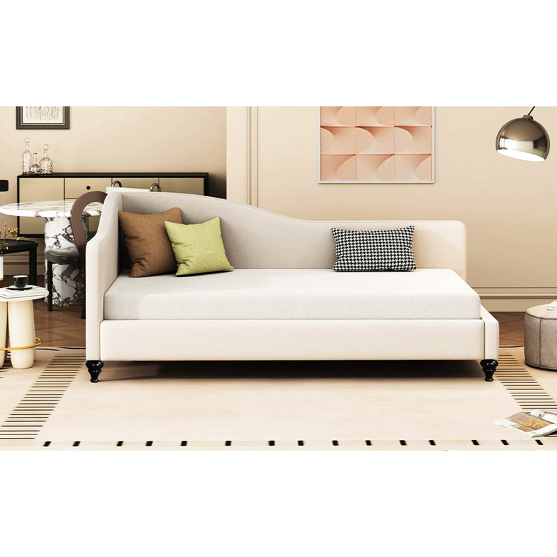 L-shaped Daybed In Beige Linen With Strong Solid Wood Legs - Twin Size Serene, Beige