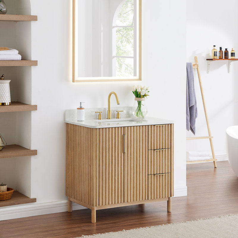 Siena 36" Single Bathroom Vanity with Grain White Engineered Stone Countertop without Mirror, 36", Single Sink