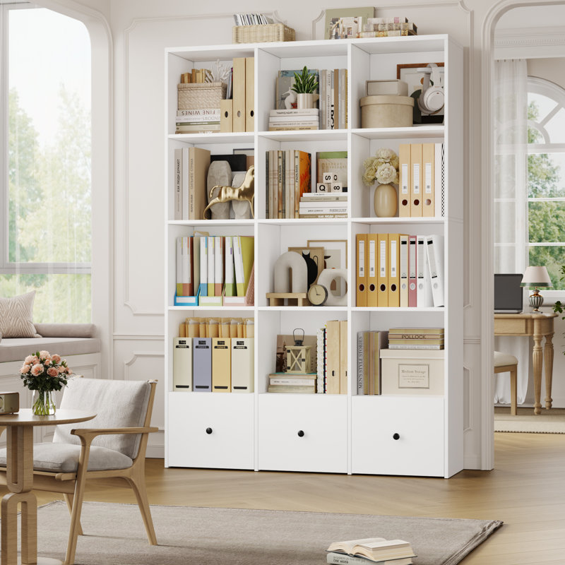 69" H x 47.2" W Tall Bookcase with 3 Drawers, 5-Tier Modern Bookshelf with 13.6" Extra-High Shelves, Large Display Shelf with 12 Open Cubes for Living Room Home Office, White Bookcase