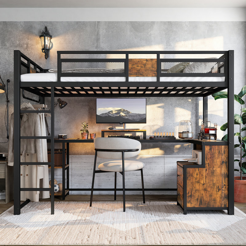 Lit mezzanine avec bureau, rangement et tiroirs en tissu non tissé, structure en métal, silencieux, sans sommier