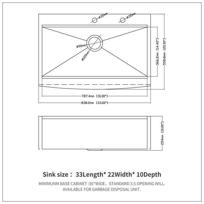 33 station de travail à montage sur plan 33 - évier de cuisine 33 * 22 * 10 pouces évier de cuisine à tablier frontal en acier inoxydable de calibre 16