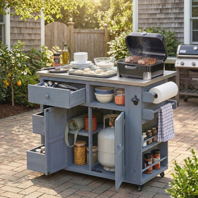 Table de barbecue supérieure en acier inoxydable avec support à épices latéral, chariot de cuisine avec tiroirs, armoire de rangement pour la cour arrière, barbecue, fête