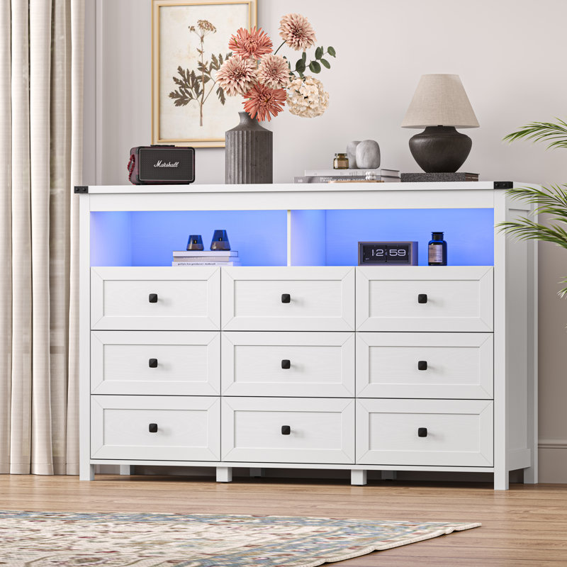 Commode 9 tiroirs 59 po avec éclairage à DEL et prise de courant, commode double en bois pour chambre à coucher, salon, Blanc