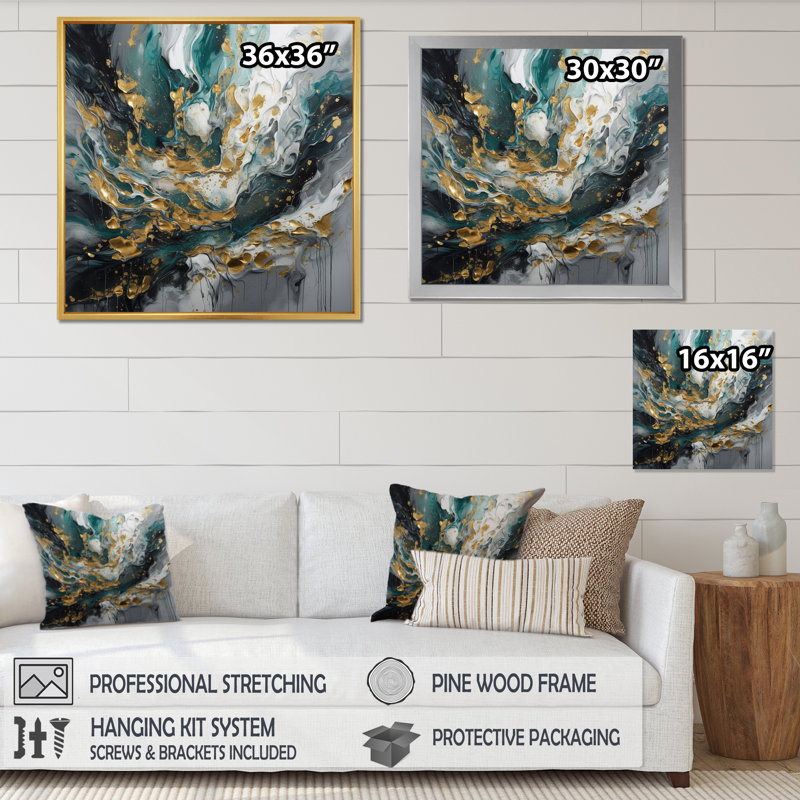 Encre sarcelle dorée sur pierre - décoration murale abstraite, Cadre simple noir, H 16 po x l 16 po x P 1 po