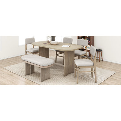 Ensemble de table de salle à manger en bois massif avec banc - Ensemble de table de salle à manger rembourré 6 pièces avec banc, mobilier de cuisine de ferme moderne bicolore pour les réunions de famille, naturel