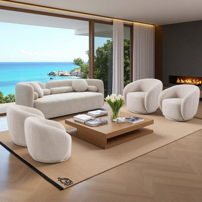 7-seat Boucle Living Room Furniture Set, 5-piece Curved Sofa With Four 360° Swivel Barrel Accent Chairs