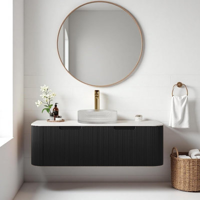 48" Bathroom Vanity with Sink, Bathroom Cabinet with Round Glass Basin, 2 Large Soft-Closing Drawers, Pre-Assembled