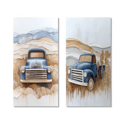 Camionnette bleue vintage I - Ensemble de 2 grandes décorations murales de camionnettes