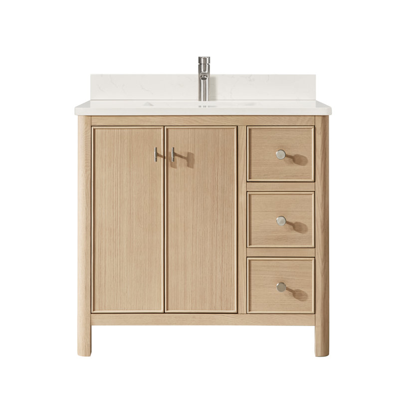 Newel 36 po Meuble-lavabo autoportant à simple cuve en chêne blanc avec plateau en quartz de Carrare
