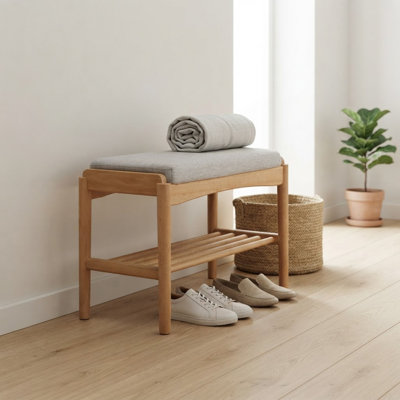 Banc à chaussures en bois massif naturel, banc de rangement moderne Mid-Century avec coussin éponge à rebond élevé pour hall d'entrée et espaces de vie