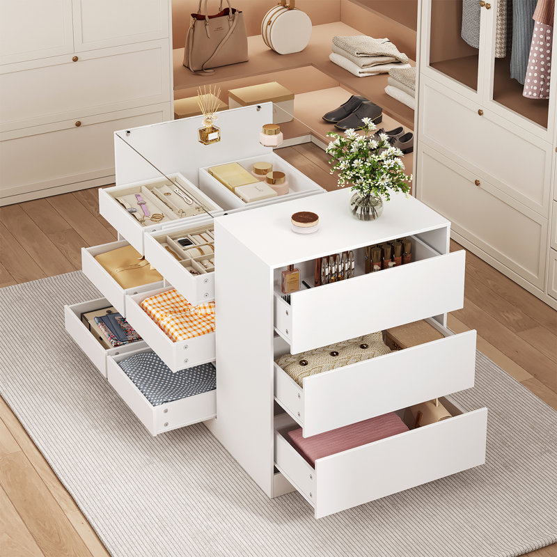 Placard avec 15 tiroirs, armoire de chambre avec plateau en verre, blanc