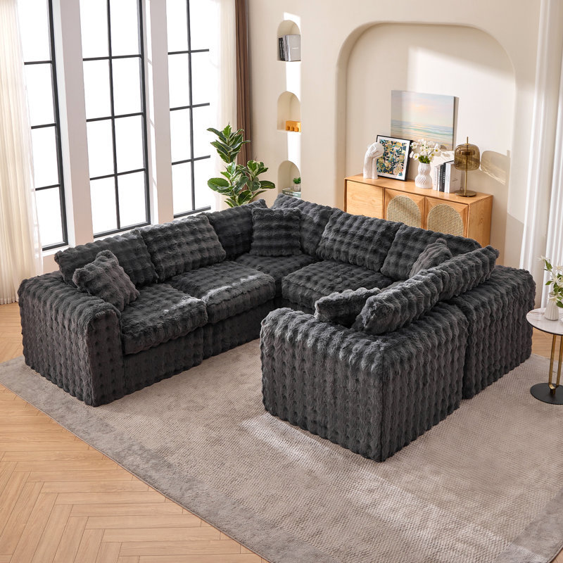 Boneless 6 - Piece Modular Compression Upholstered Sectional, Gray Faux Fur