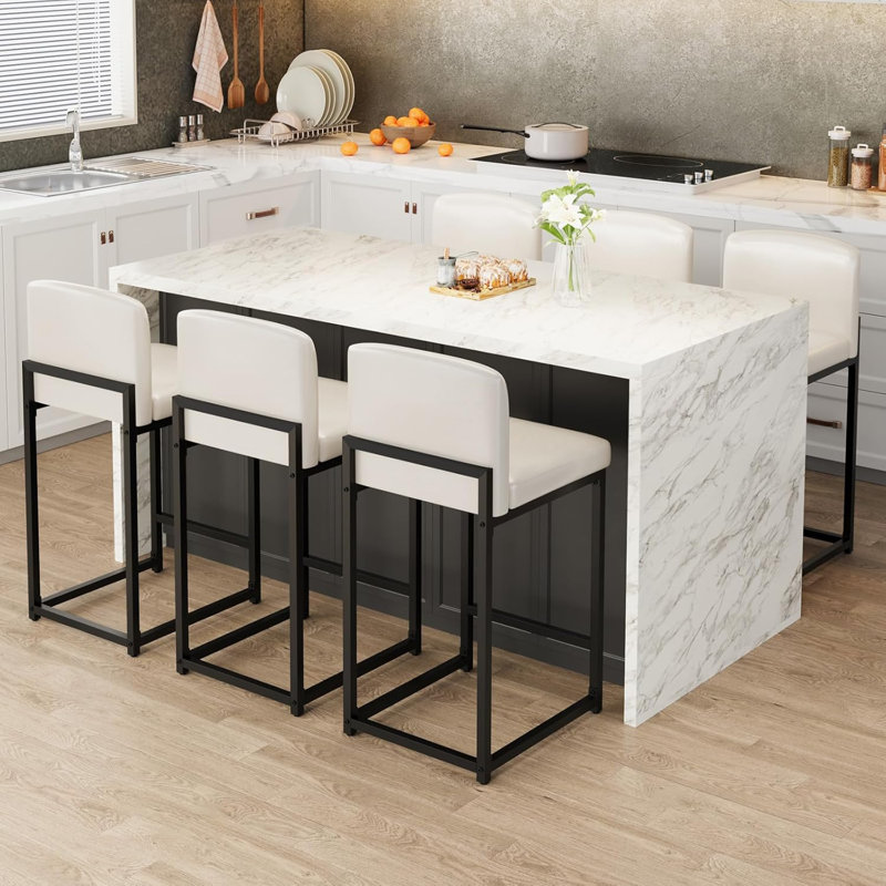 Bar Stools Set, Modern Counter Height Bar Stools with Back and Footrest, Faux Leather Upholstered Barstools Chairs for Kitchen Island Dining Room Bar