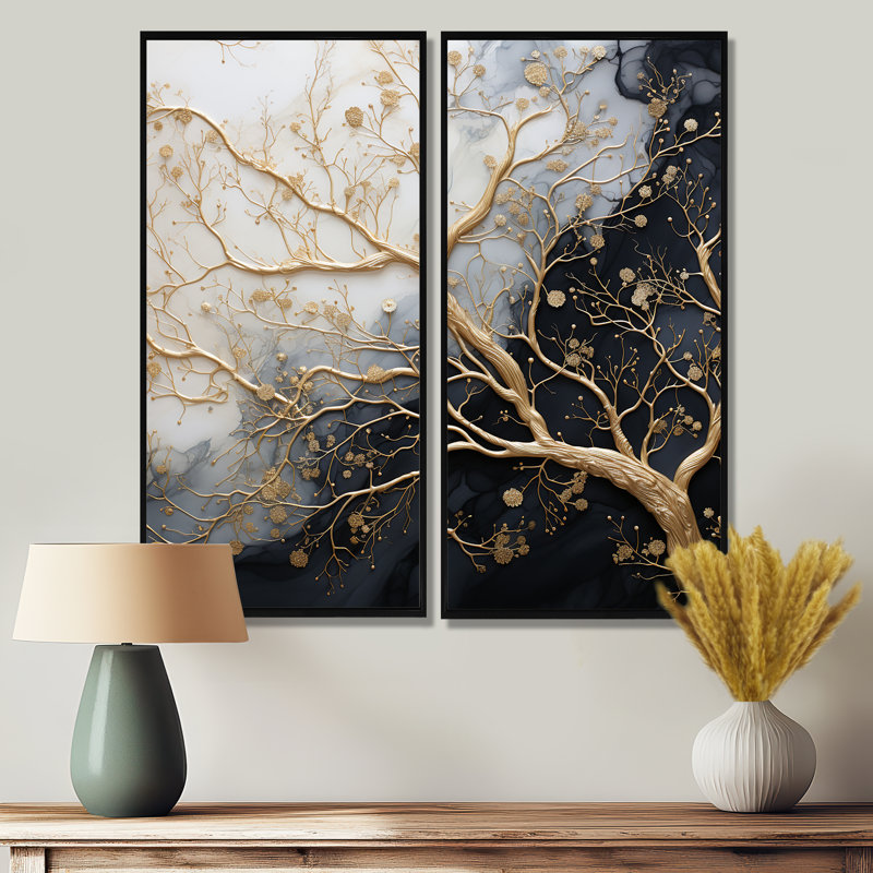 Golden Branch Tree Luminous Tangle III - Floral Tree, reproduction d'art monochrome sur toile, H 32 po x l 32 po, Noir