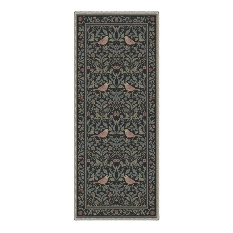 Allendale Auraflora Floral Machine Washable Green / Black Indoor Area Rug with Non-Slip Backing, Runner 2'6" x 8'