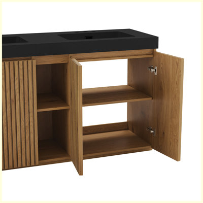 60" Freestanding Knotty Oak Bathroom Vanity with Double Sink, Modern Bathroom Cabinet with 3 Faucet Holes & One-Piece Black Double Basin
