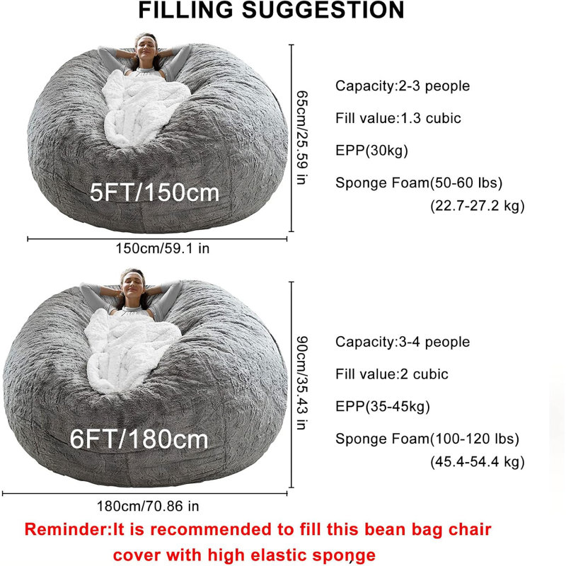  5Ft Bean Bag Chair Cover – Soft Fluffy PV Velvet Round Sofa Bed Cover With Storage, Stain Resistant, White, Velvet White