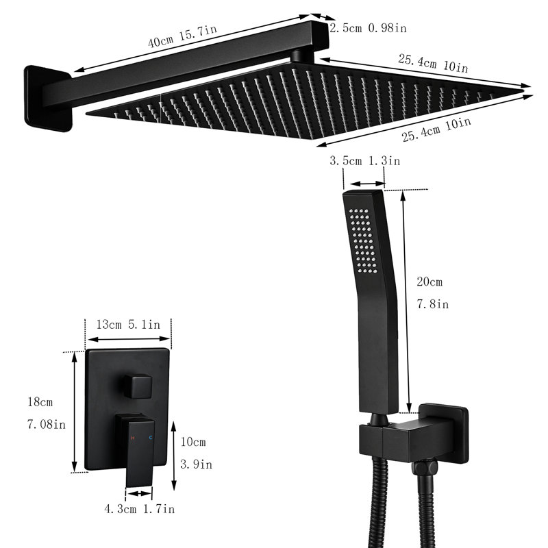 Luxury Bathroom Rainfall Shower System - Wall Mounted With Black Faucet, Manual Operation, Shine Rain In Black, Ceramic Filler, Surface