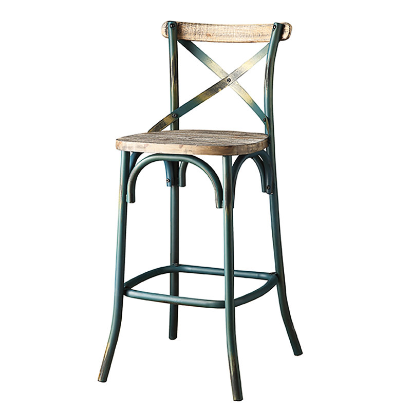 Tabouret de bar à dossier croisé en turquoise antique et chêne