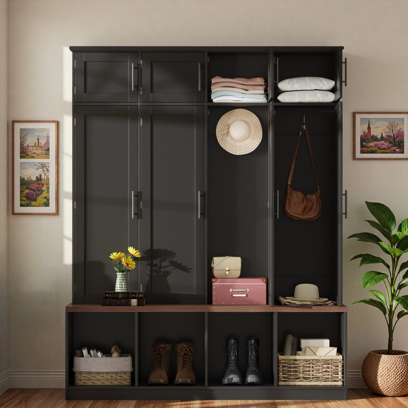 Farmhouse Hall Tree With 4 Hidden Hanging Hooks, Seating Bench, Storage Cabinet And Open Compartment, White