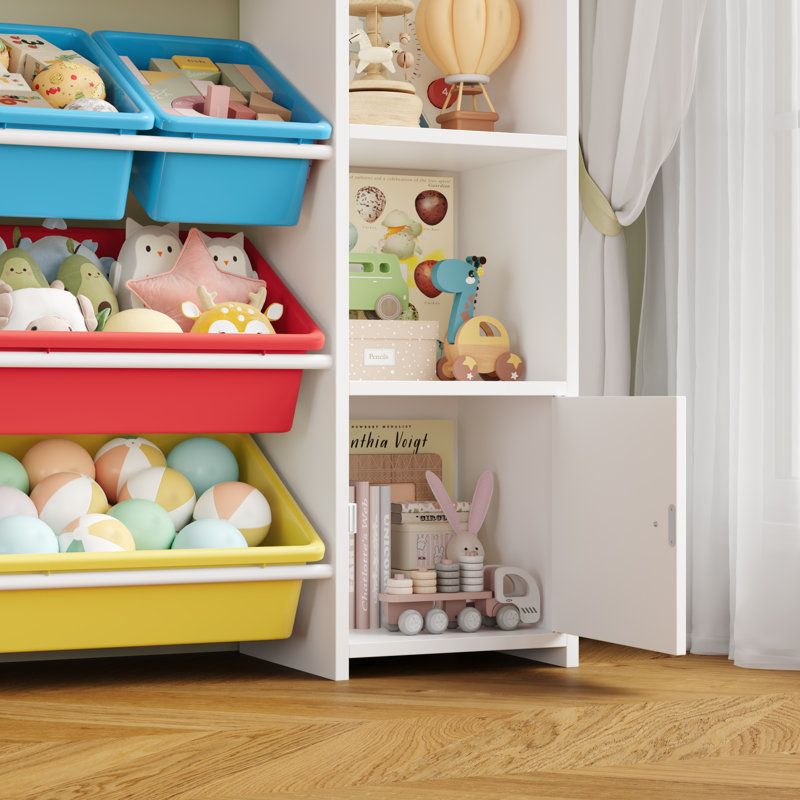 Lafon Manufactured Wood Toy Organizer with Bins, White/Yellow/Blue/Red