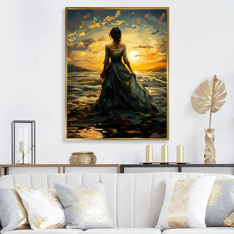 «Woman Reverie Dawns Awakening» - art mural mode, Cadre flottant doré, H 40 po x l 30 po x P 1,5 po