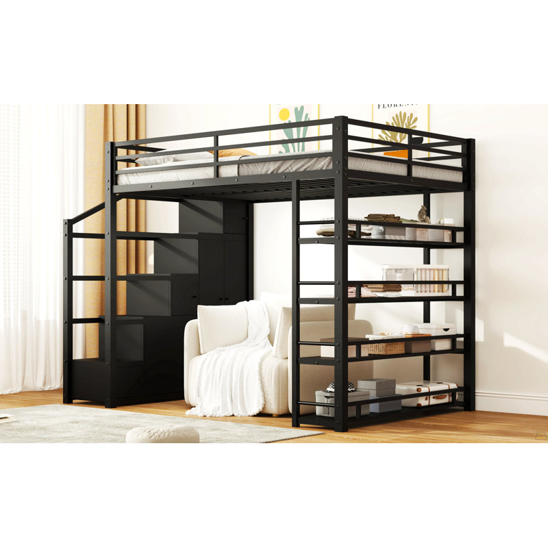 Full Size Metal Loft Bed With Storage Shelves, Cabinets And Wardrobe