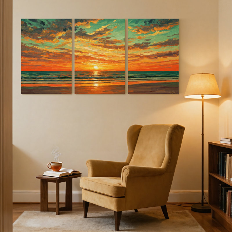 Nautique et plage, coucher de soleil, ciel, vagues de l'océan, horizon, couleurs, ensemble de 3 impressions sur toile