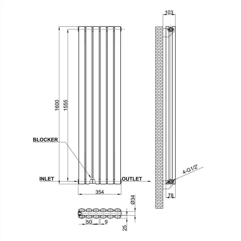 Vertical Oval Column Radiator, White, 160cm H x 35.4cm W x 5.6cm D, Double