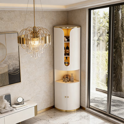 82.68"H Luxury Style Corner Wine Cabinet, Modern Minimalist Triangular Storage Cabinet, Glass Wall Corner Organizer