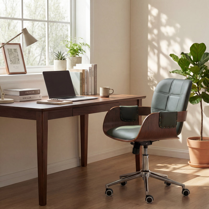 Swivel Height-Adjustable Tilting Faux Leather Office Chair With Curved Wood Design, Green