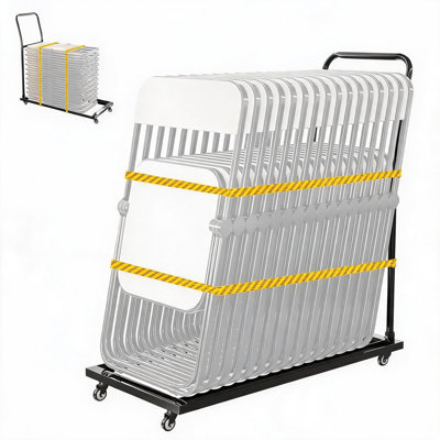 Chariot de transport robuste à chaises pliantes, capacité de 300 lb pouvant accueillir 20 chaises, barre de support réglable, 4 roulettes pivotantes avec freins pour banquet, mariage et événement, noir