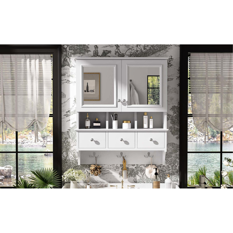 Armoire à pharmacie murale avec 3 tiroirs, crochets et miroirs pour le rangement de la salle de bain, 24 po, style moderne, meuble-lavabo en bois massif peint avec 41 rangements, finition noire