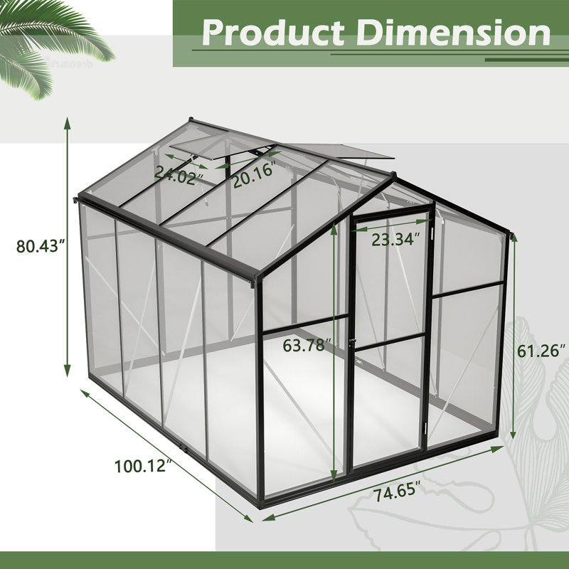 Ensemble de serre d'extérieur en polycarbonate 6 pi avec cadre en aluminium, H 80,43 po x l 74,65 po x P 100,12 po