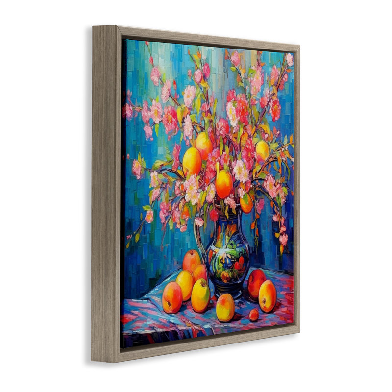  Peach & Florals Bouquet Brown Framed Floater Canvas Wall Art by LSR Design Studio, 25" H x 25" W