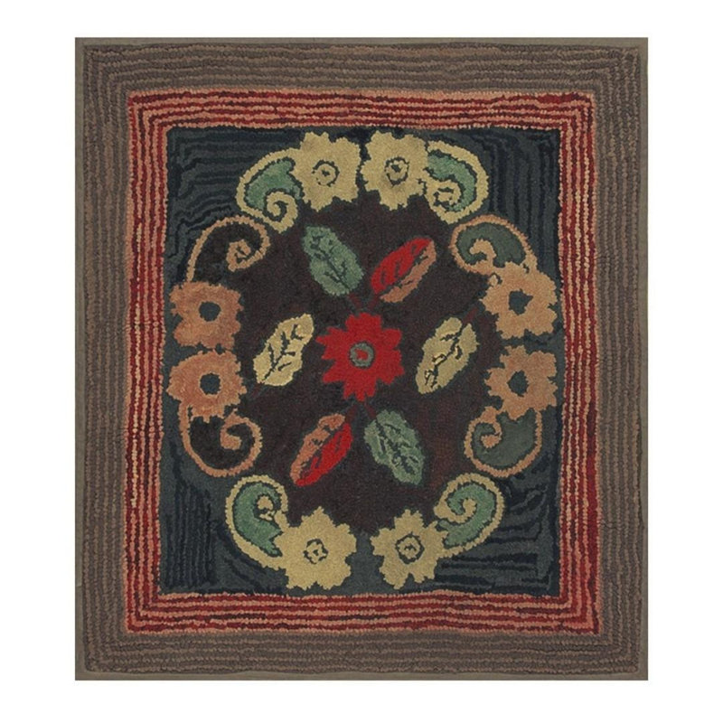 Tapis traditionnel crocheté en laine traditionnel américain à motif de feuilles des années 1880 3 pi 0 po x 3 pi 0 po