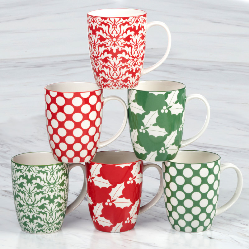 Holiday Red and Green Ceramic 14 oz Beverage Mugs, Set of 6