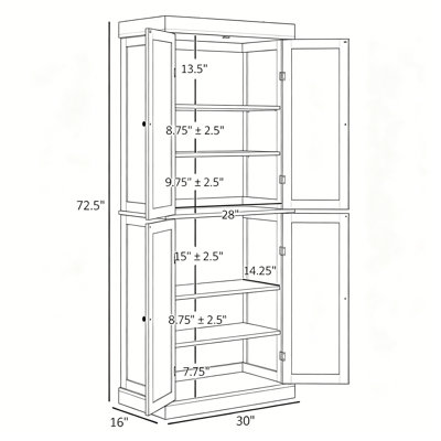 Armoire de cuisine moderne autoportante 72,5 po, grande armoire de rangement en grain de bois avec 4 portes magnétiques et 2 tablettes réglables, organisateur de rangement polyvalent anti-basculement pour cuisine, salle à manger, salle de bain, couloir, blanc