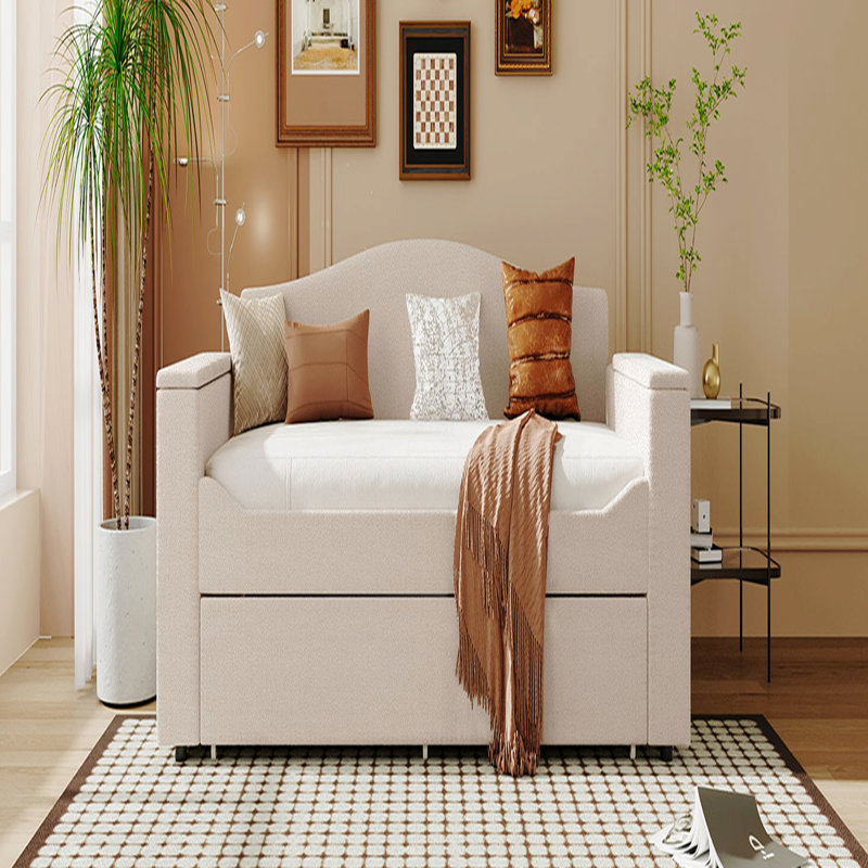 Upholstered Daybed With Storage Armrests, Trundle And Latest Integrated Bluetooth Audio System, Teddy Fleece, Beige, Twin