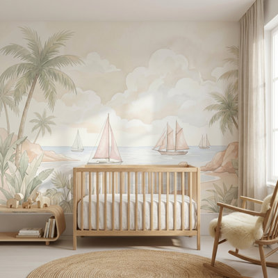 Décoration murale amovible de paysage de bord de mer tropical avec palmiers, voiliers